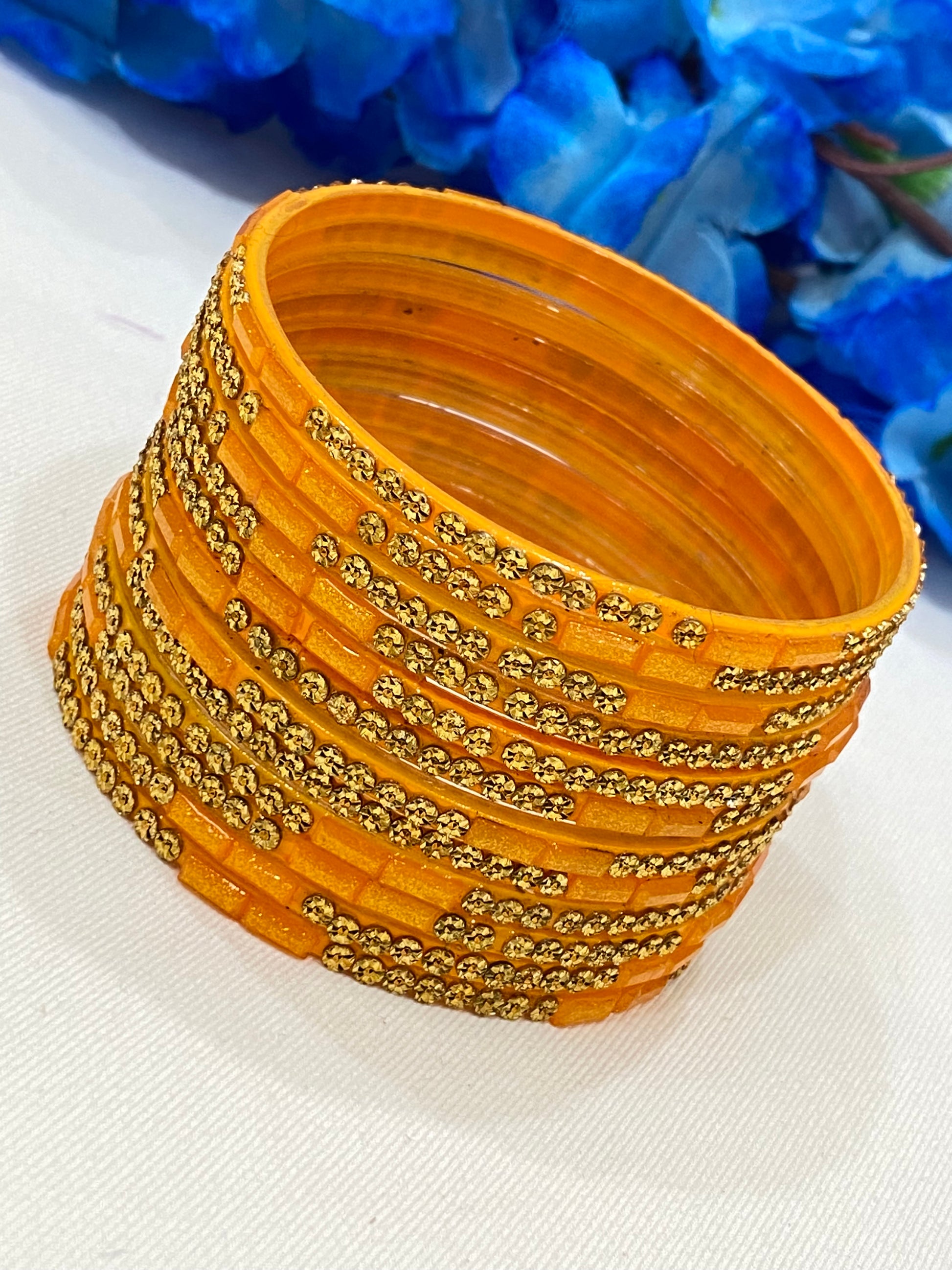 Attractive Orange Color Cut Work With Stone Design Glass Bangles For Women