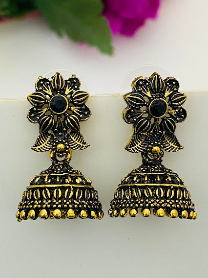 Attractive Black And Gold Oxidized Jhumka With Earrings