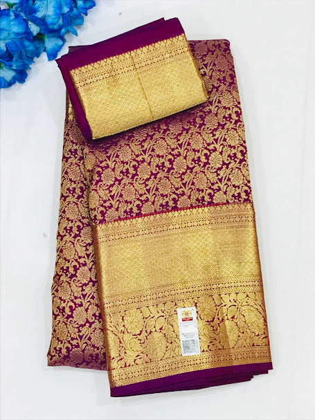 Appealing Purple Color Pure Kanchi Silk Saree With Gold Zari Work - SILKMARK CERTIFIED