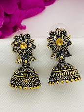 Beautiful Golden Oxidized Jhumkas With Earrings