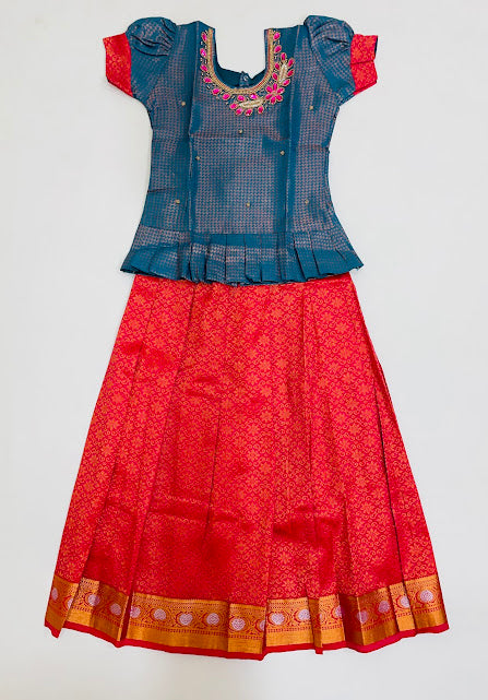Wonderful Green And Pink Color Art Silk Langa Set With Zari Work For Girls