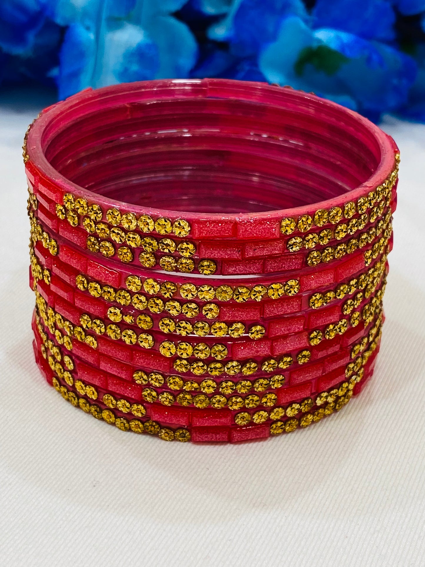 Charming Pink Color Stone Design Glass Bangles For Women