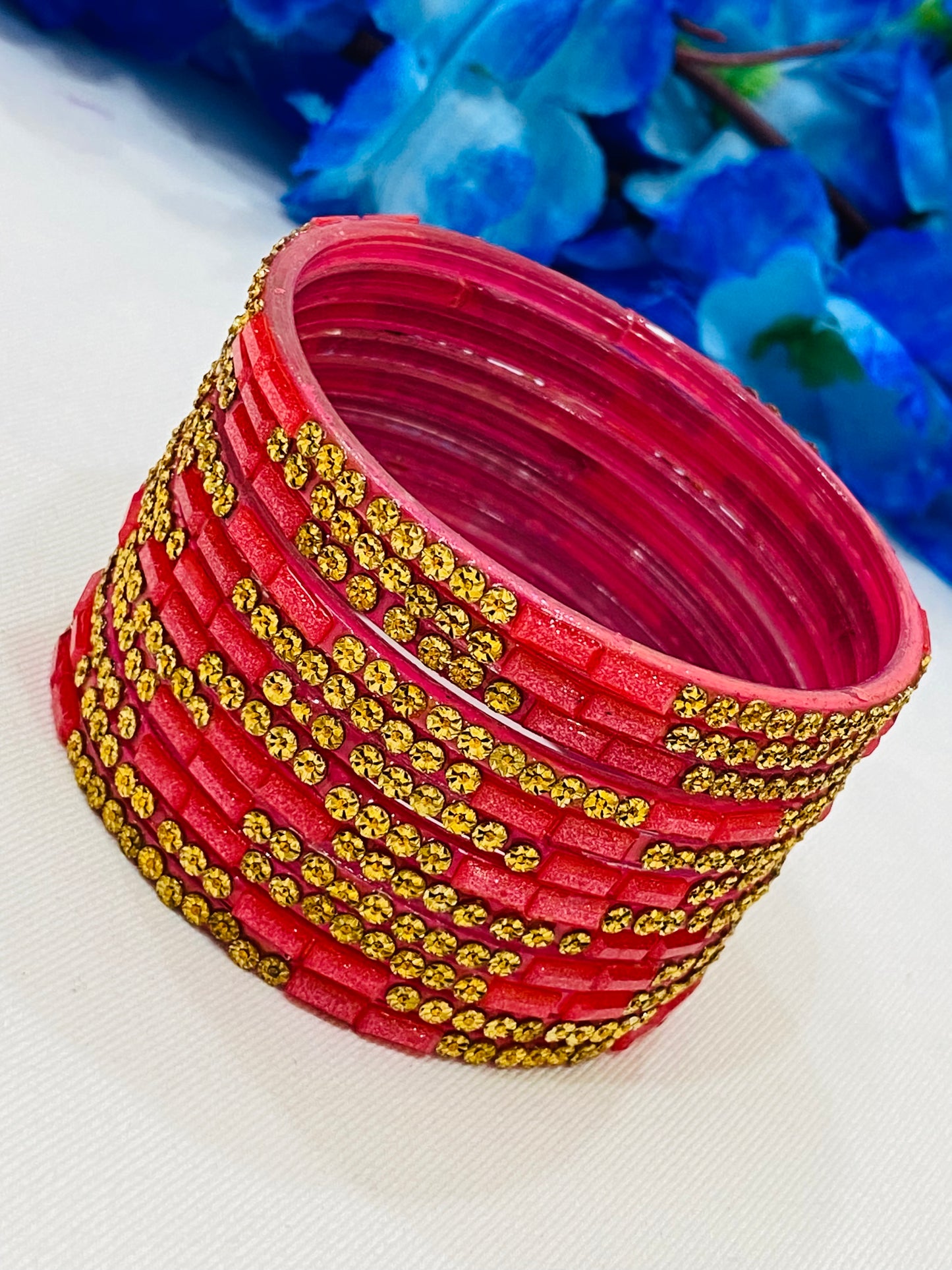 Charming Pink Color Stone Design Glass Bangles For Women