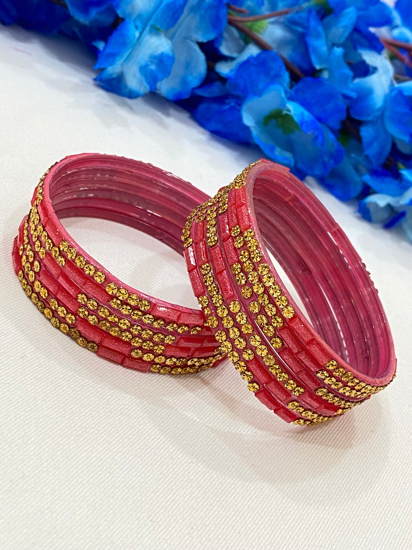 Charming Pink Color Stone Design Glass Bangles For Women