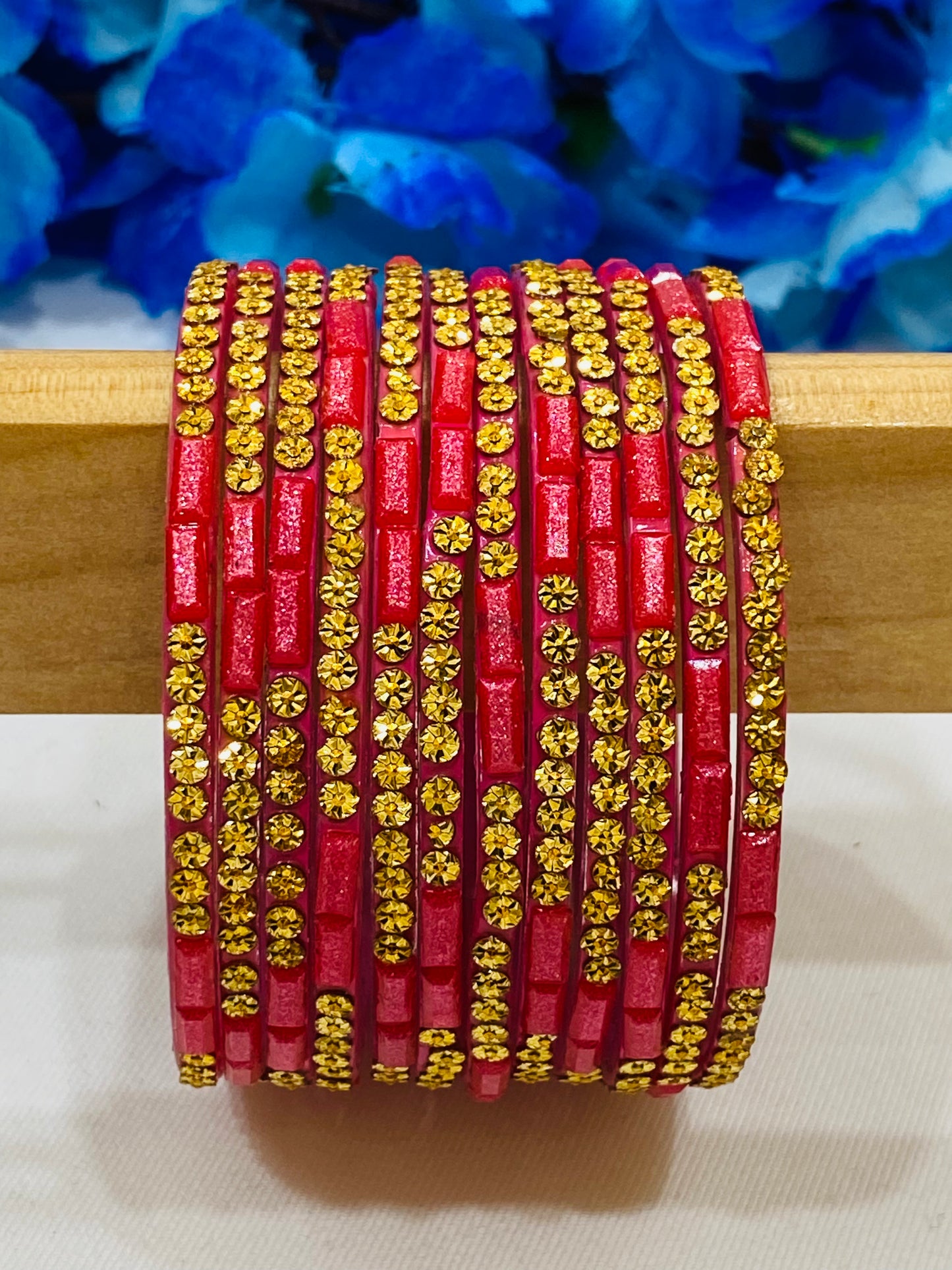 Charming Pink Color Stone Design Glass Bangles For Women