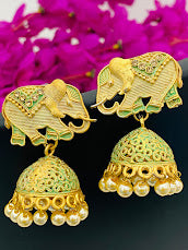 Gorgeous Cream And Green Elephant Earrings With Jhumkas