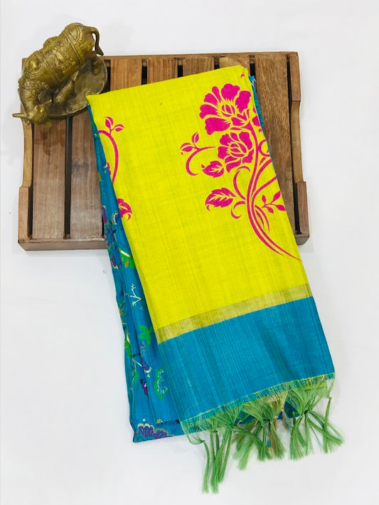 Marvelous Blue With Yellow Bordered Cotton Flower Designs Printed Saree