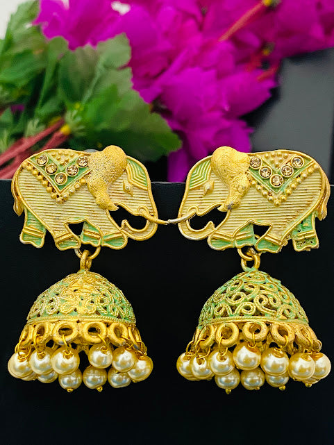 Cream And Green Elephant Earrings With Jhumkas In Near Me