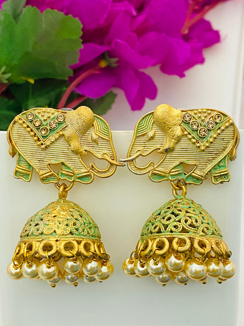 Gorgeous Cream And Green Elephant Earrings With Jhumkas