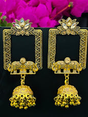 Beautiful Antique Gold Rectangle Designer Earrings With Jhumkas