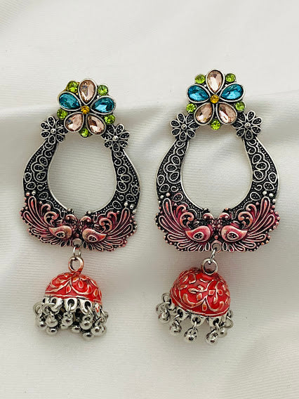 Lovely Oxidized Enamel Coated Jhumkas With Earrings