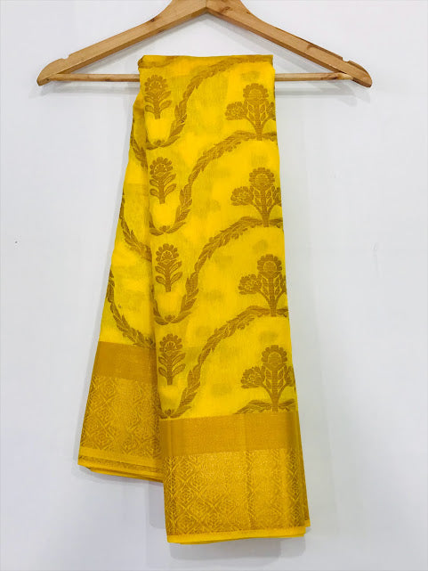 Lovely Yellow Color Flower With Leaf Design Saree In USA