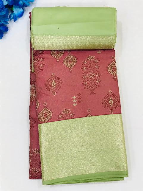 Elegant Red And Olive Green Color Pure Kanchi Silk Saree For Women - SILKMARK CERTIFIED