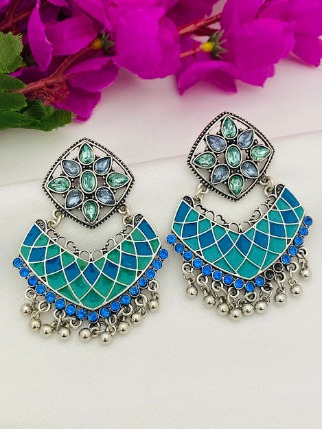 Beautiful Blue And Green Chaand Bali Model Earrings