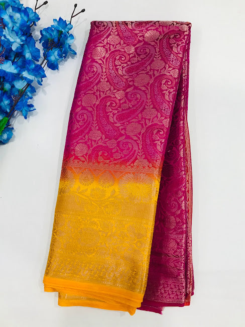Beautiful Pink Color Banarasi Soft Silk Saree With Contrast Yellow Border