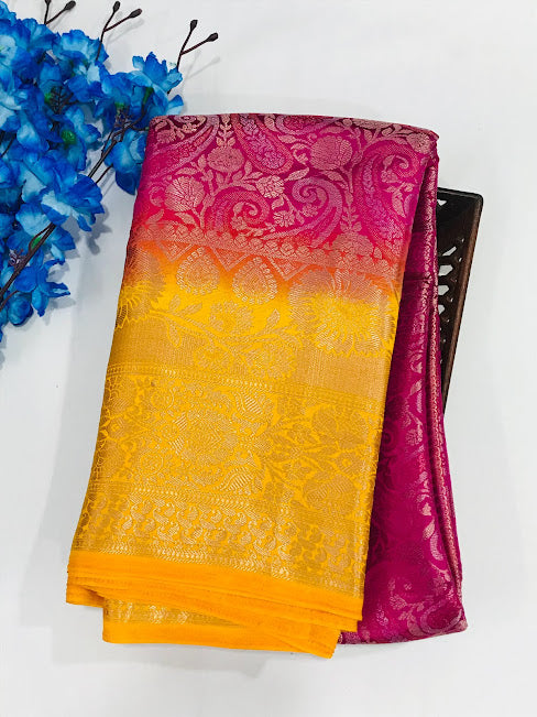 Beautiful Pink Color Banarasi Soft Silk Saree With Contrast Yellow Border Near Me