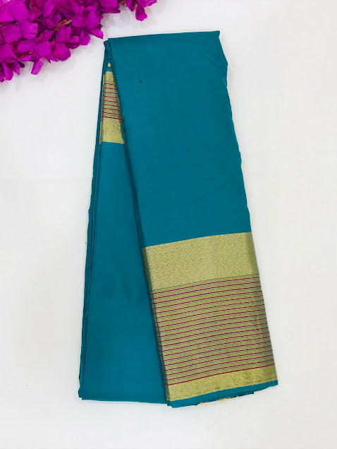 Delightful Teal Blue Colored Art Silk Contrast Border Sarees For Women