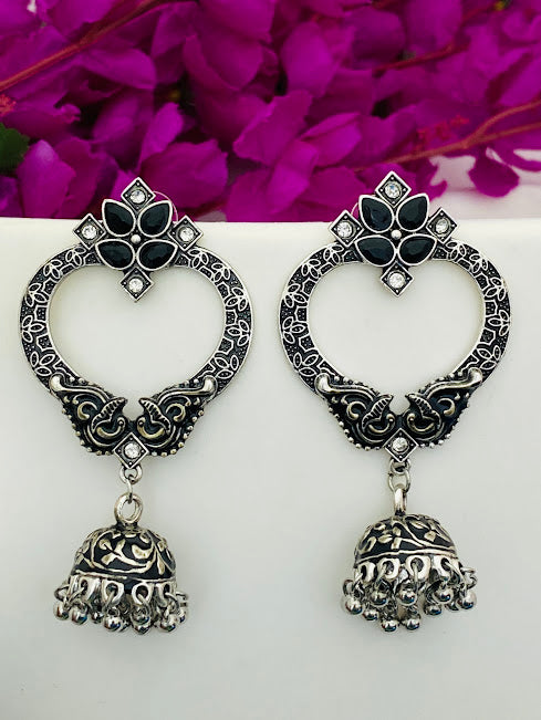 Pretty Oxidized Silver Tone Earrings With Jhumkas