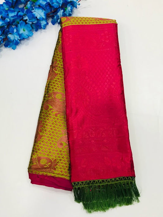Pleasing Radium Green Color Leaf Design Contrast Rich Pallu And Art Silk Saree