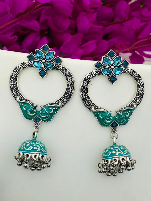 Gorgeous Oxidized Long Jhumka Teal Green Colored Earrings