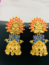 Gorgeous Yellow Designer Antique Gold Jhumka With Pearls