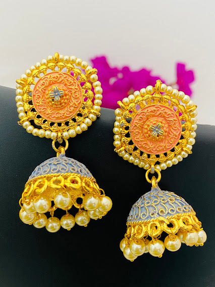 Gorgeous Orange And Gray Antique Gold Earrings With Jhumka