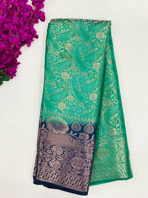 Magnificent Light Green Color Banarasi Soft Silk Saree With Contrast Brocade Blouse