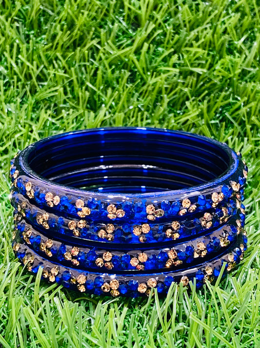 Alluring Blue Color Stoned Design Glass Bangles For Women