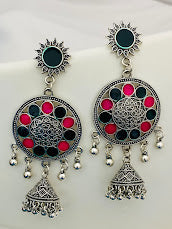 Beautiful Oxidized Green and Red Designer Enameled Earrings