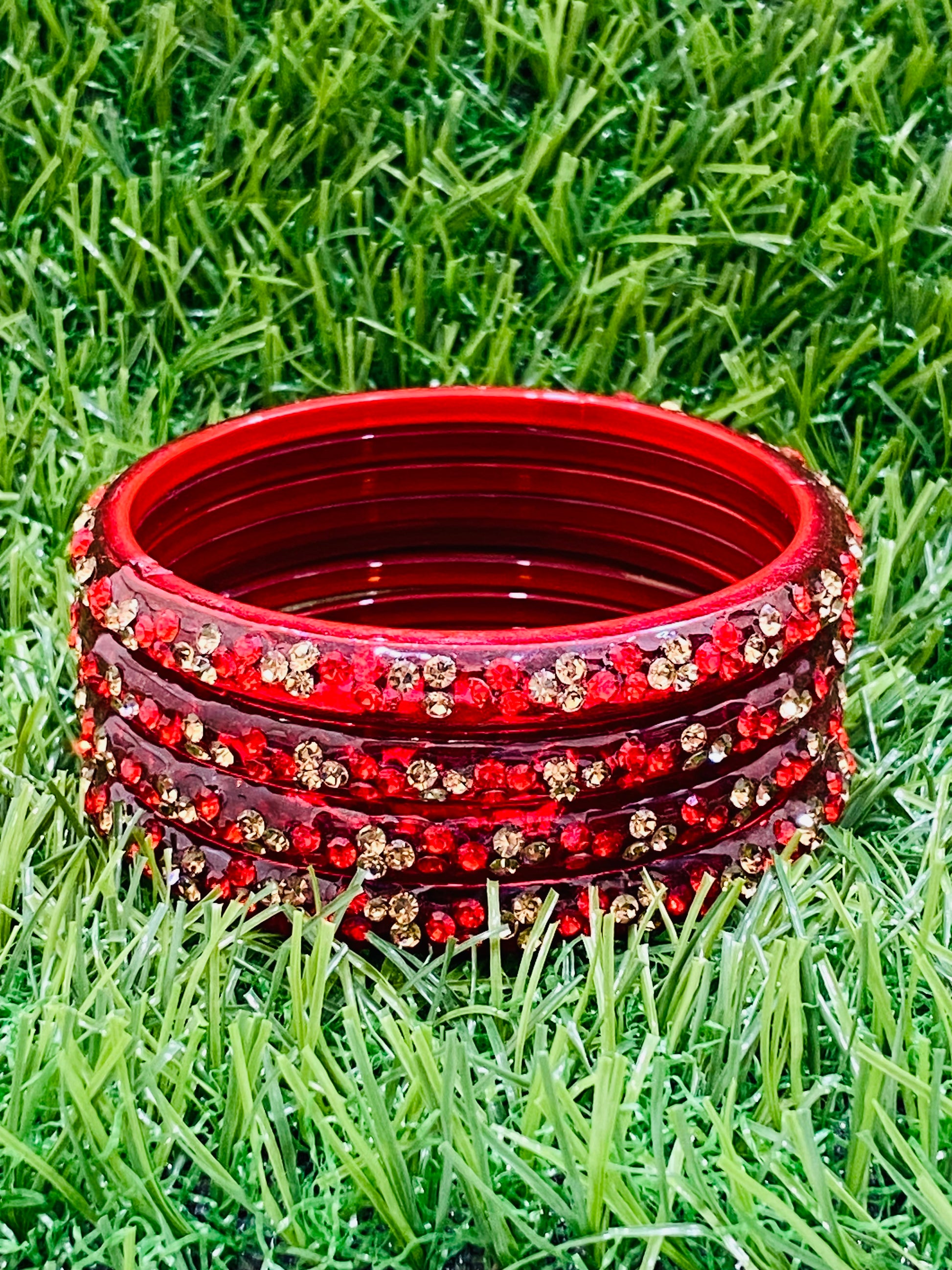 Beautiful Red Color Stoned Design Glass Bangles For Women