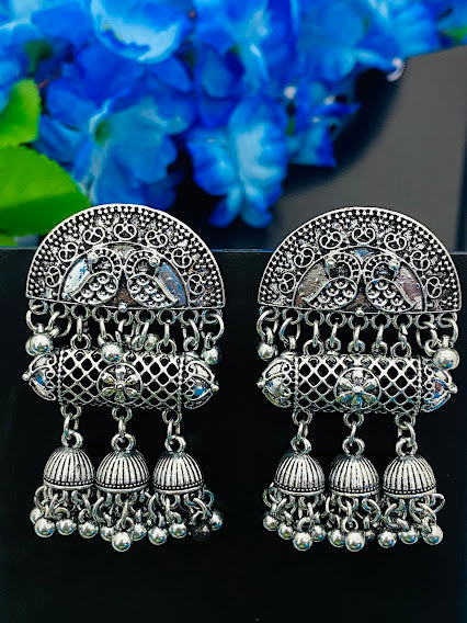 Beautiful Oxidised Peacock And Trio Jhumka Earrings With Hanging