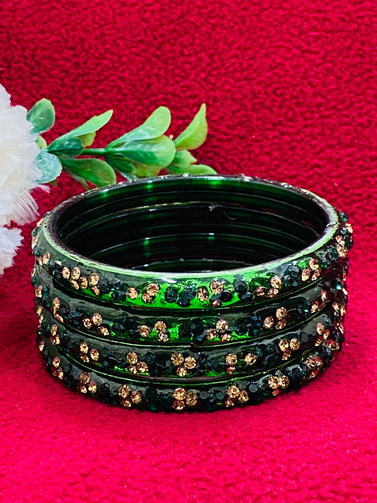 Stunning Green Color Stoned Design Glass Bangles For Women