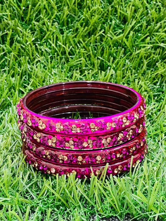 Elegant Rani Pink Color Stoned Design Glass Bangles For Women