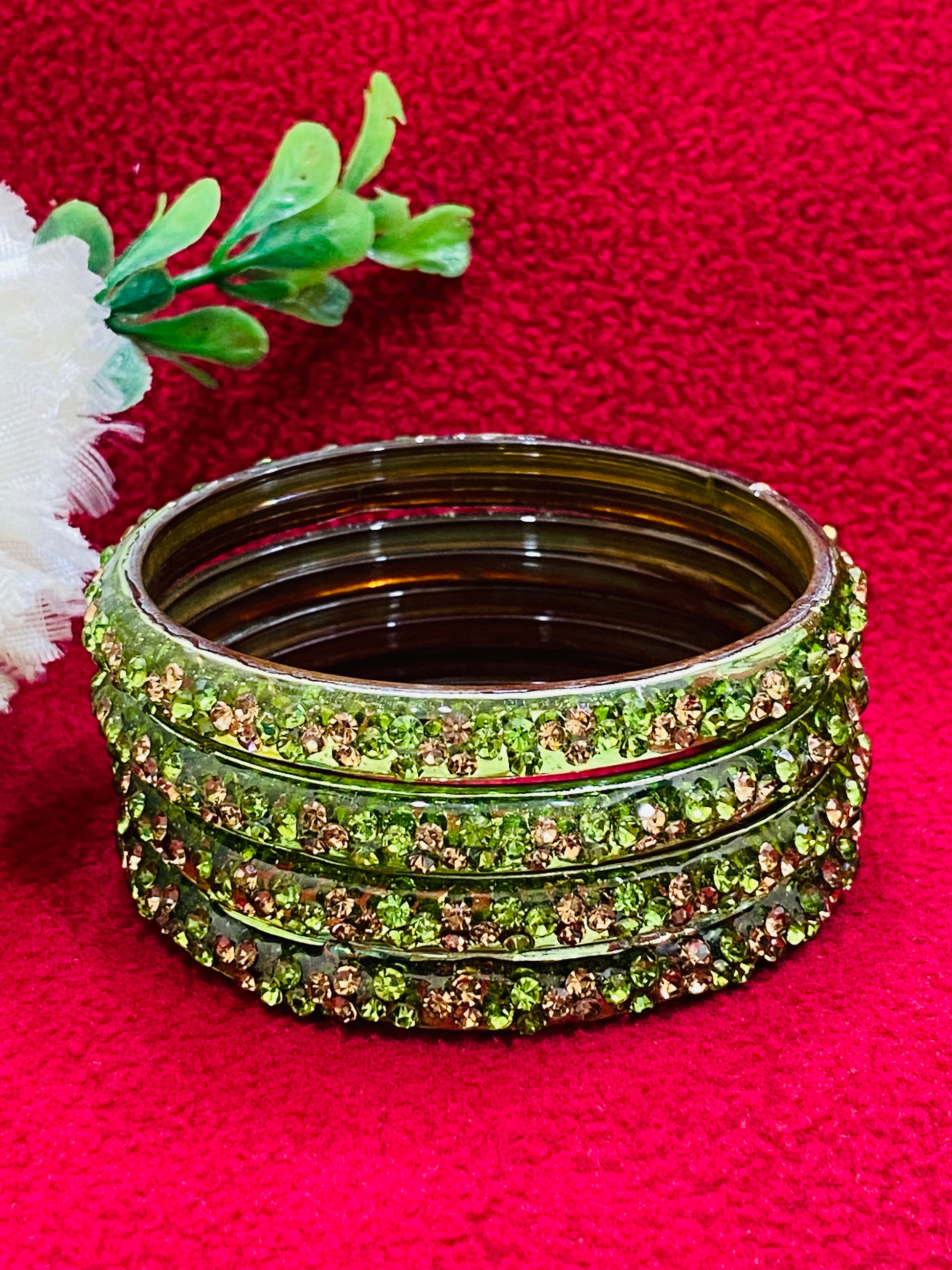 Elegant Light Green Color Stoned Design Glass Bangles For Women