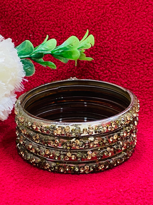 Attractive Pista Green Color Stoned Design Glass Bangles For Women