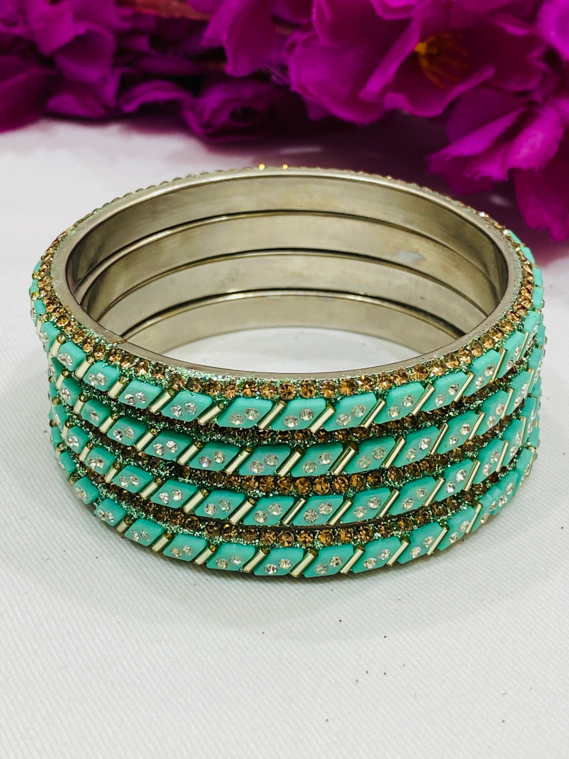 Pleasing Pista Green Color Metal Bangles With White Stone For Women