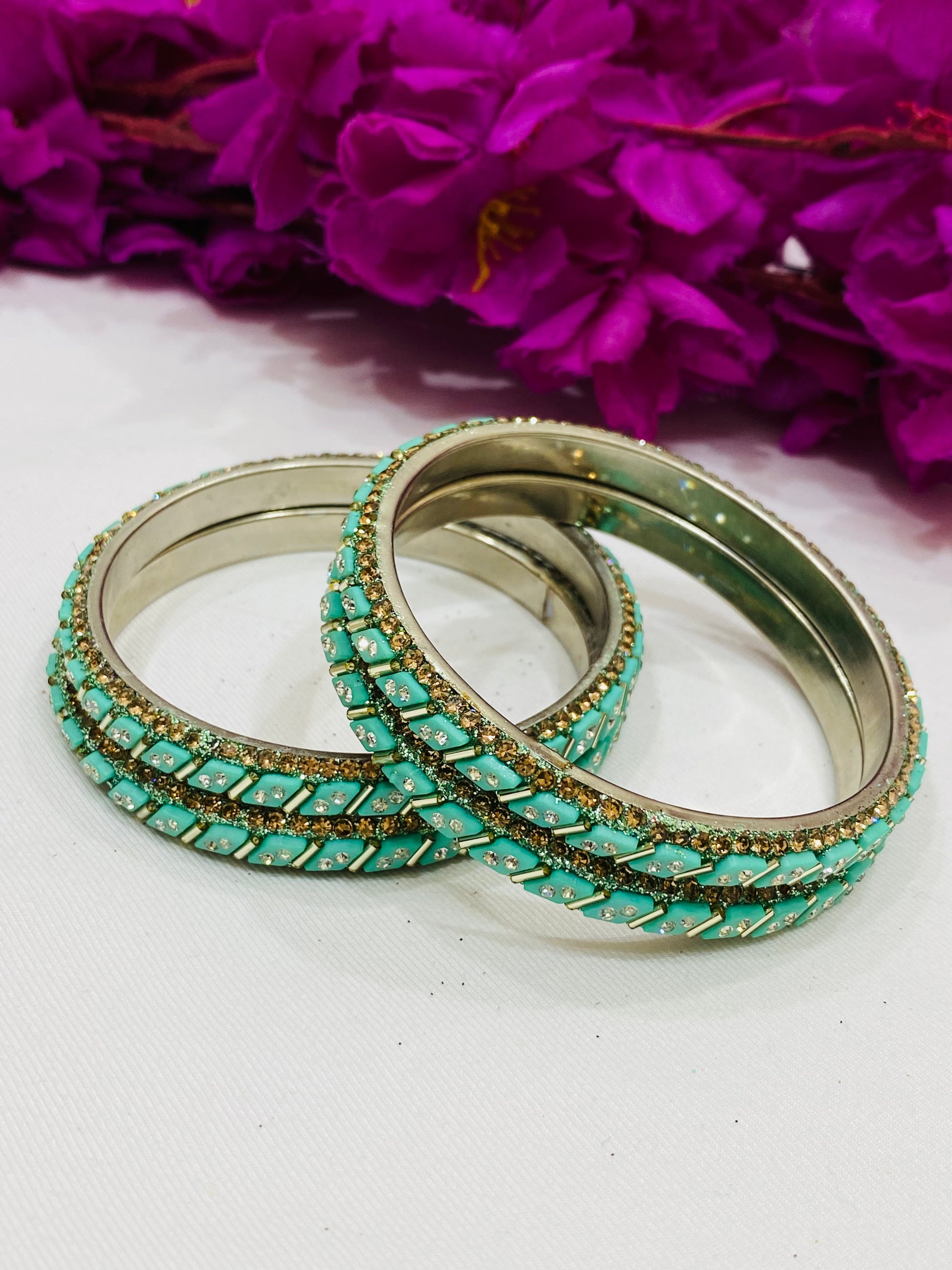 Pleasing Pista Green Color Bangles With White Stone In Mesa