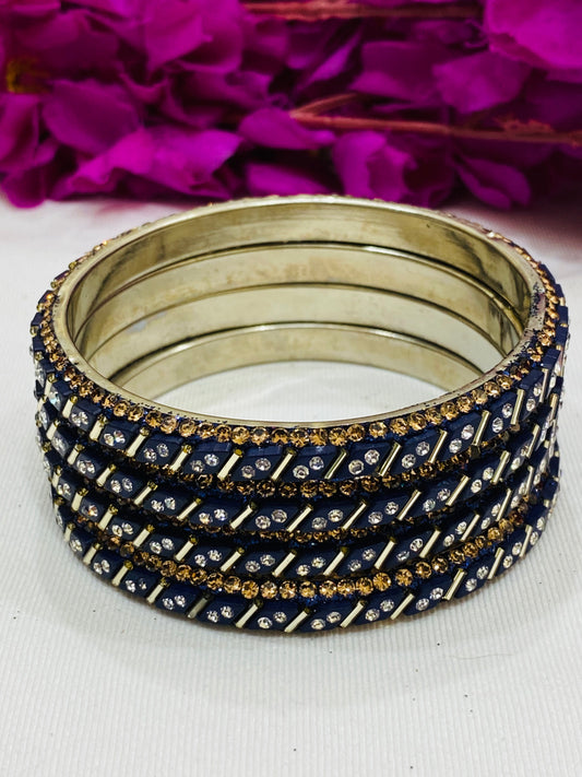 Delightful Blue Color Metal Bangles With White Stone For Women