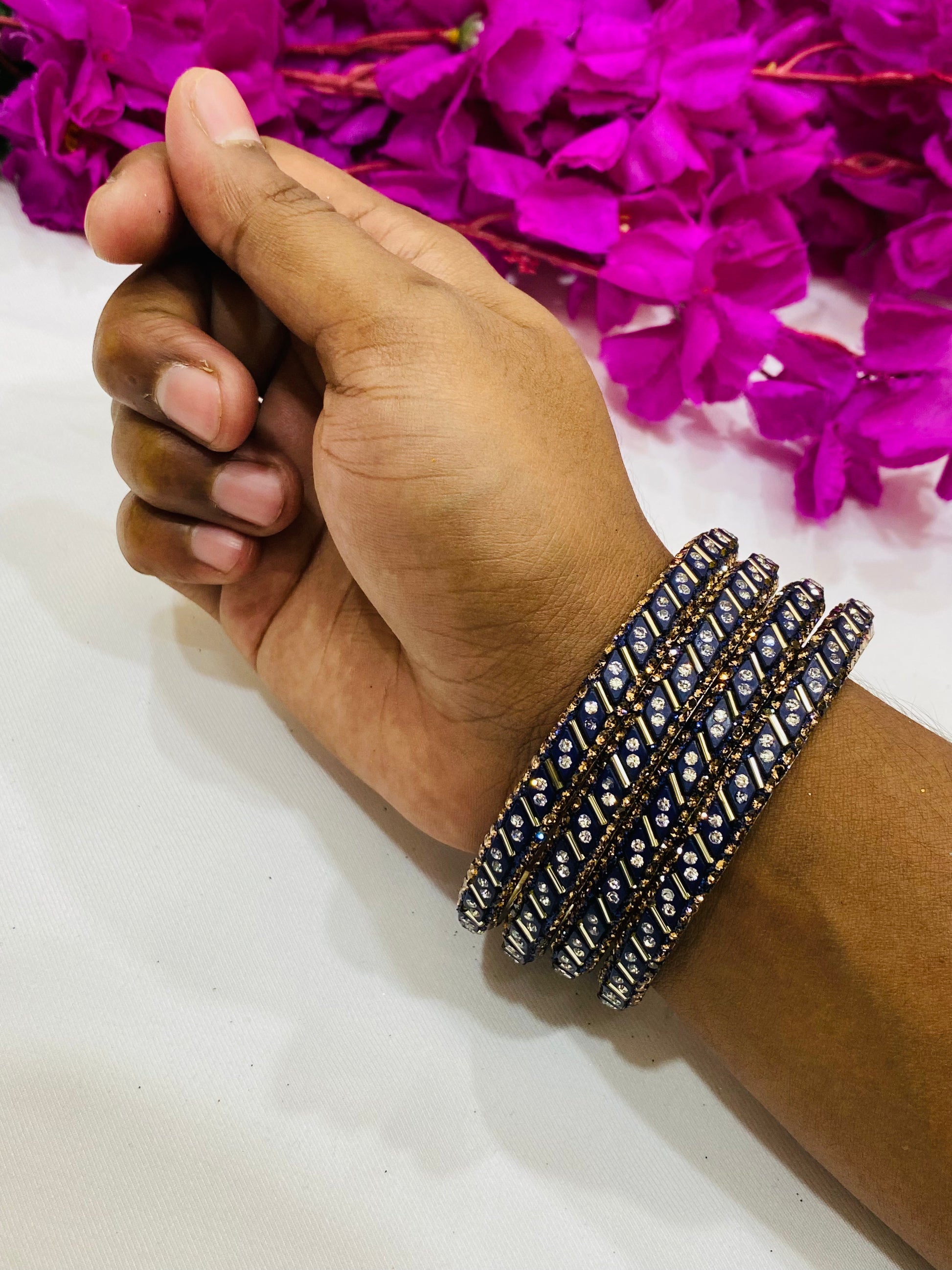 Delightful Blue Color Metal Bangles With Golden Stone In USA