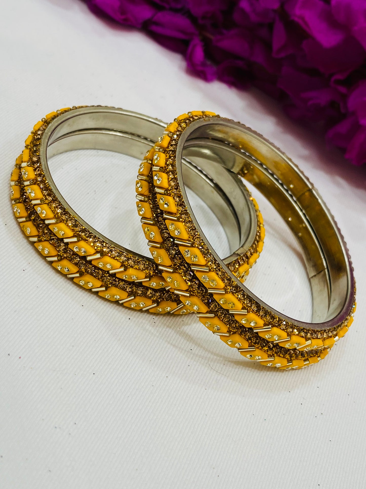 Yellow Color Designed Metal Bangles With White Stone In USA