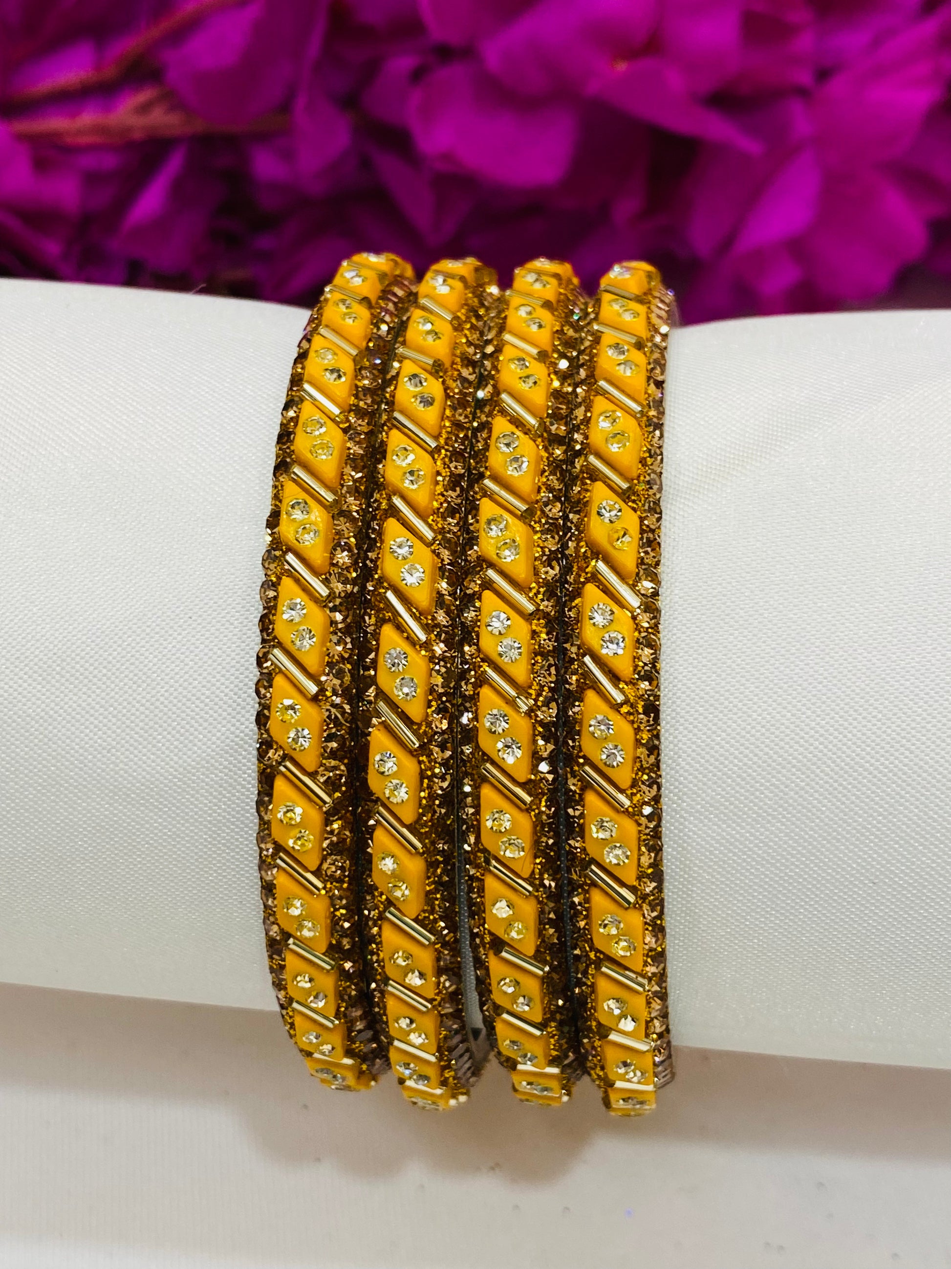 Lovely Yellow Color Designed Metal Bangles With White Stone For Women Near Me