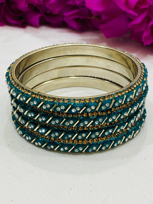 Lovely Teal Green Metal Bangles With White Stone Work For Women