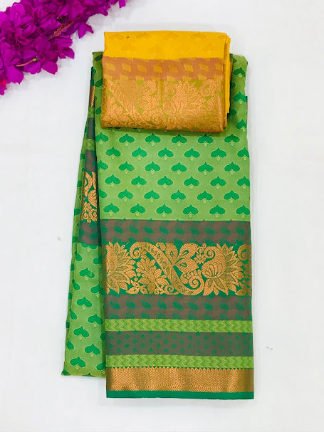 Charming Green Color Self Pattern And Zari Work With Kanchi Soft Silk Saree For Women