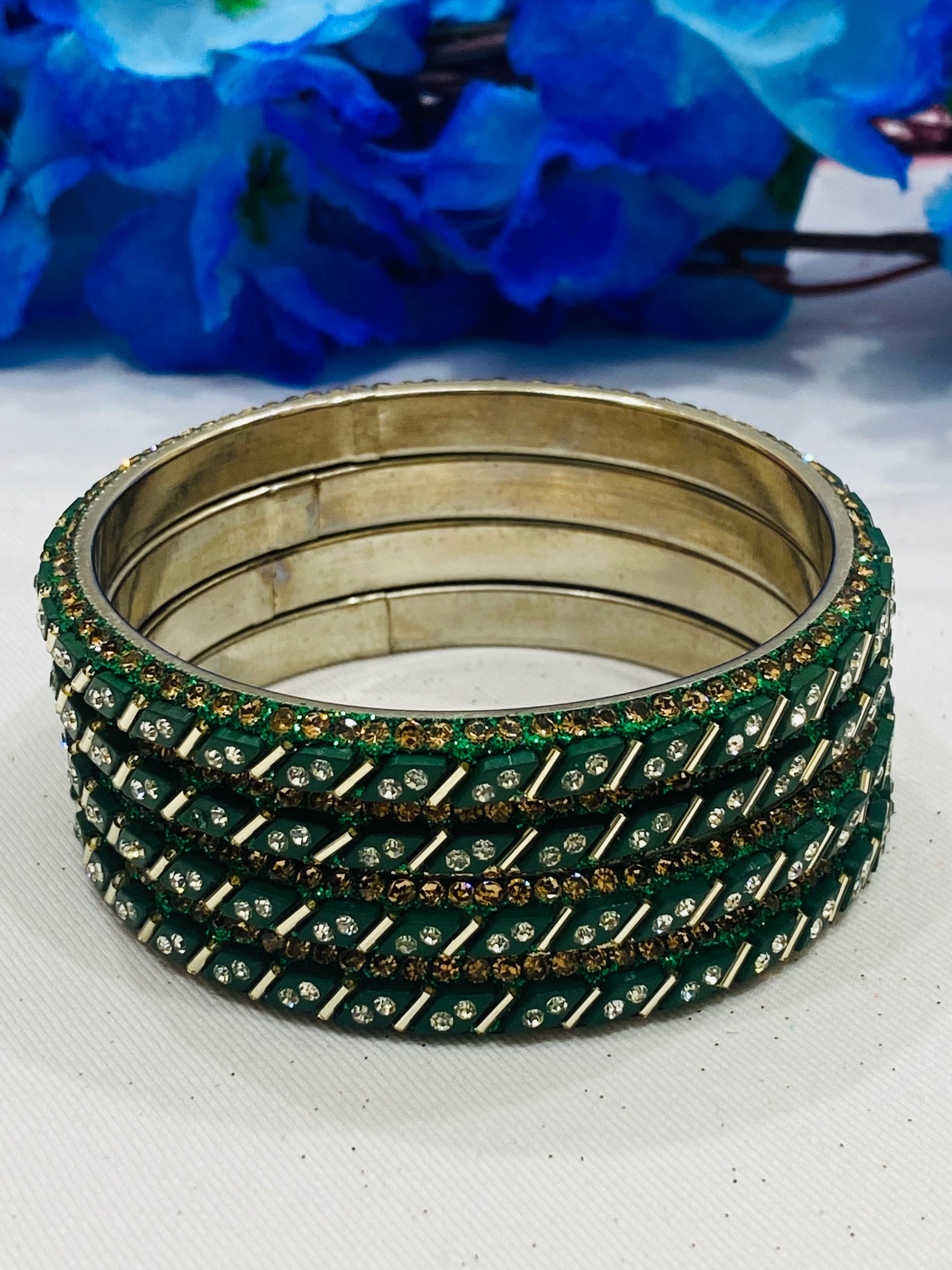 Fanciable Green Color Metal Bangles With Glint White Stone For Women