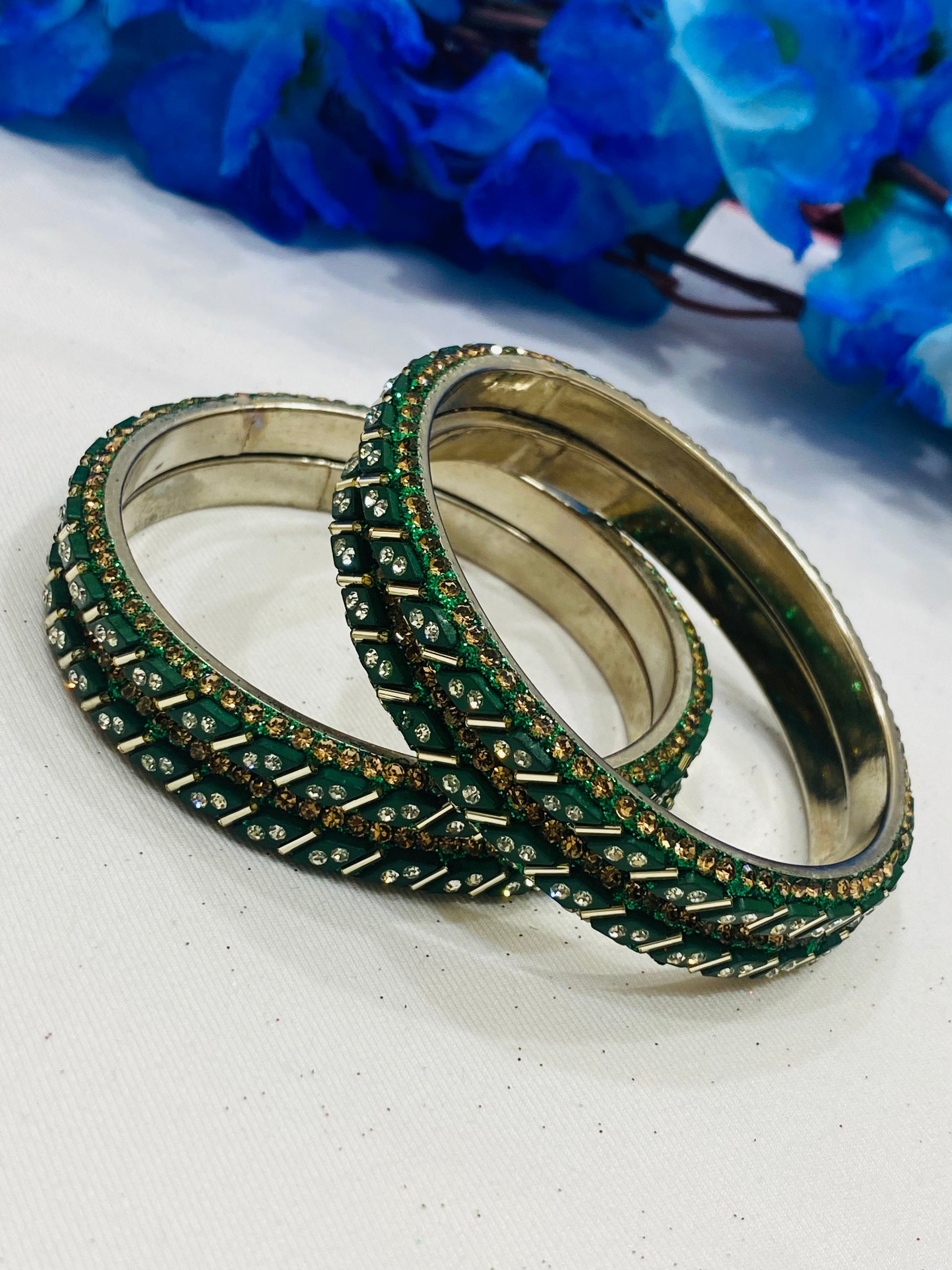 Fanciable Green Color Metal Bangles With Glint White Stone Near Me