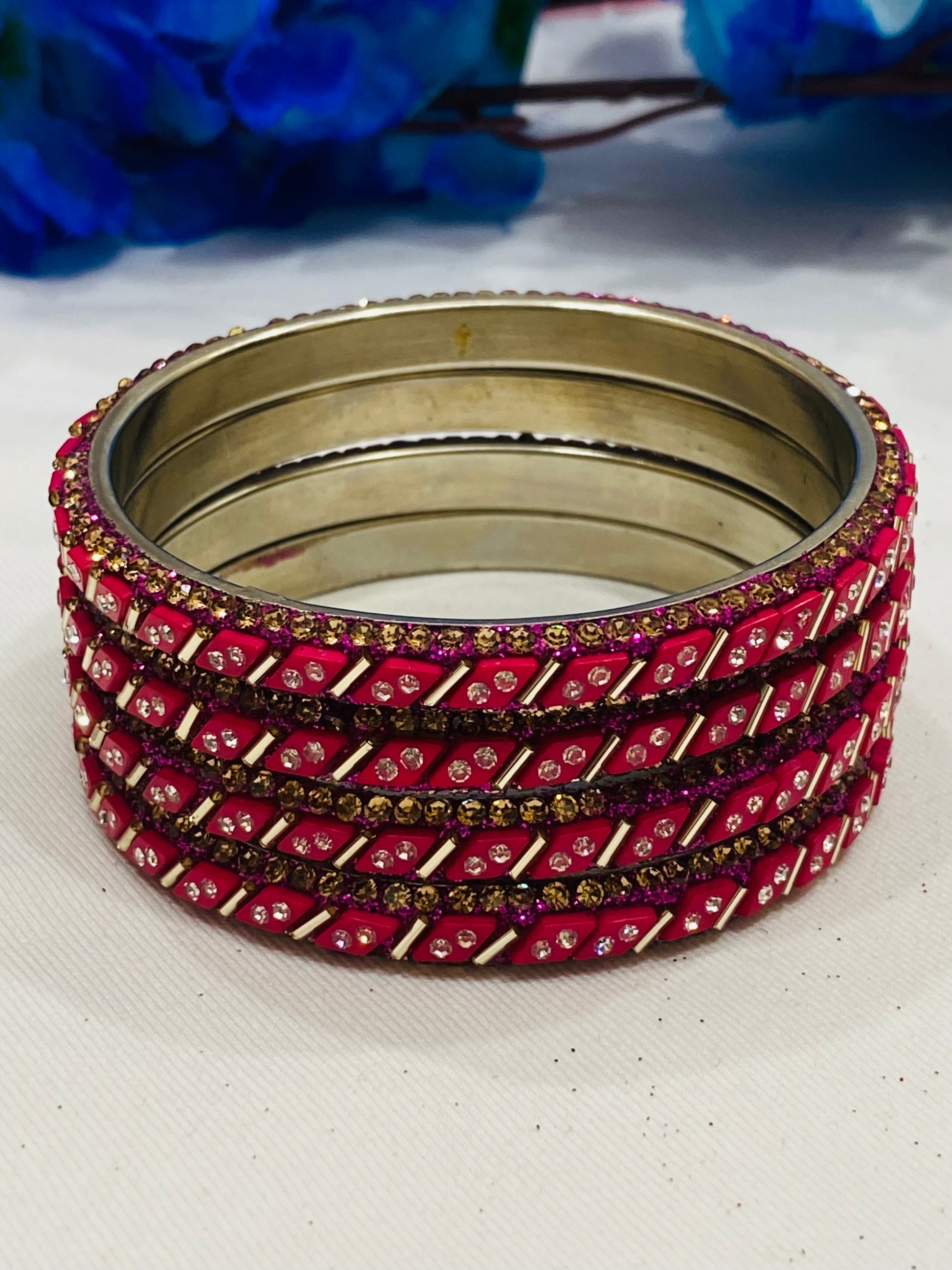 Lovely Dark Pink Color Metal Bangles With White Stone Work For Women