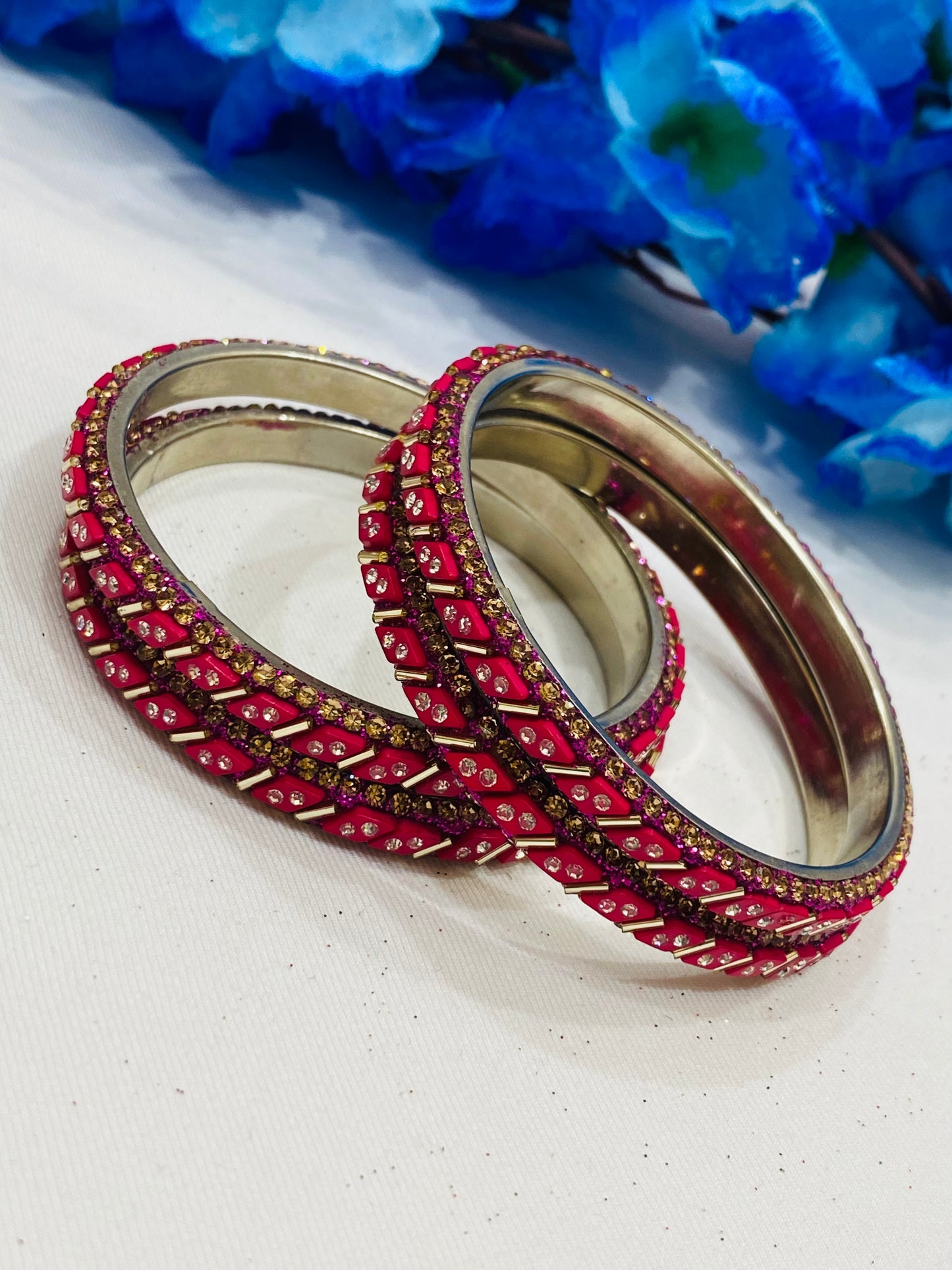 Lovely Dark Pink Color Metal Bangles With White Stone Work Near Me