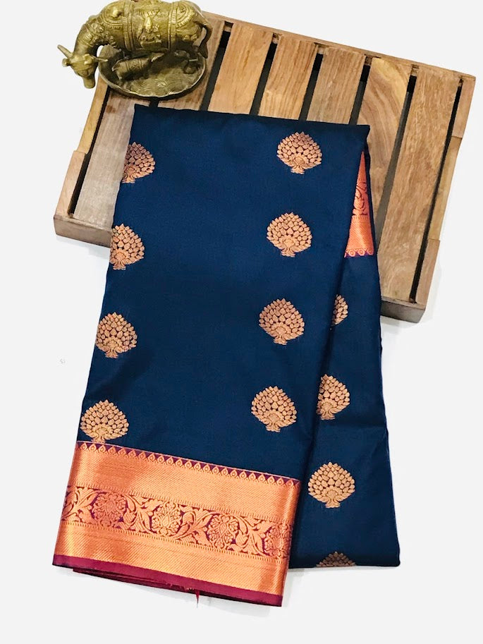  Blue Color Soft Silk Saree With Rich Golden Bordered Near Me