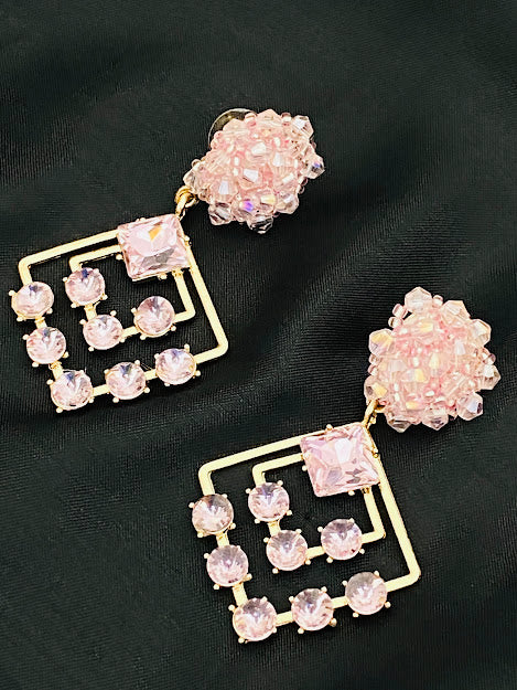 Gorgeous Oxidized Square Design Pink Stoned Earrings