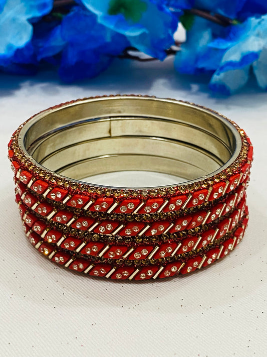 Elegant Red Color Metal Bangles With White Stone For Women